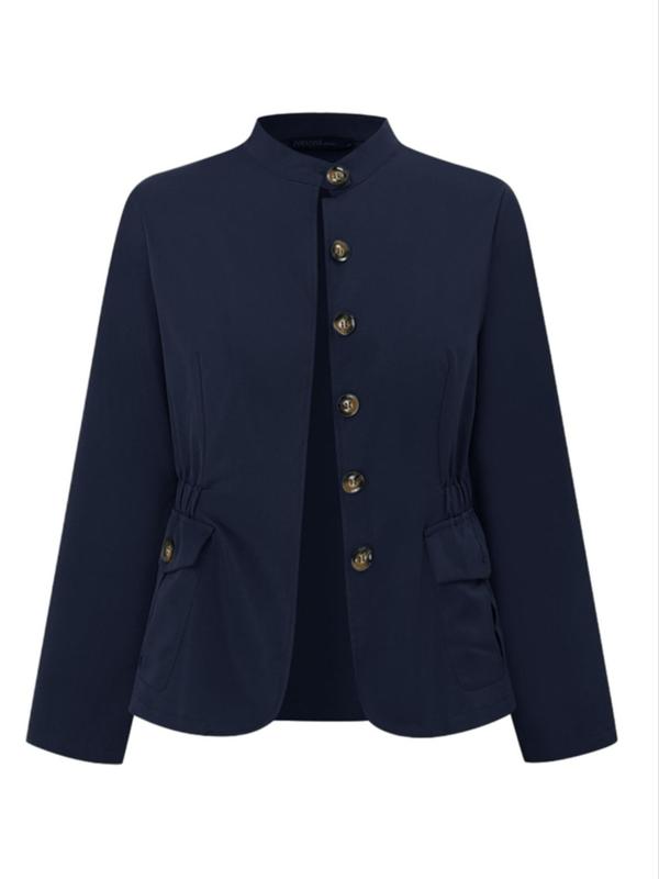 Women's Solid Color Button Front Pocket Jacket, Casual Long Sleeve Stand Collar Outerwear for Fall & Winter, Ladies Clothes for Daily Wear